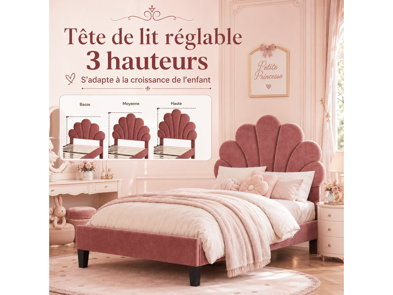 Lit simple enfant 90x200 avec sommier à lattes en bois - lit fille avec tête de lit réglable en forme de fleur - velours doux, rouge - Conforama C