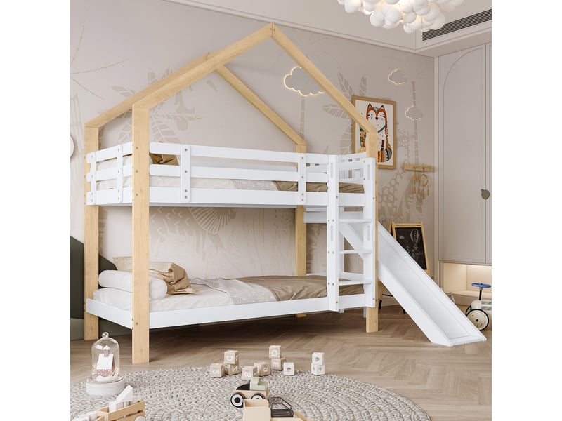 Lit superposé enfant 90x200 cm, lit cabane avec toboggan et échelle à 3 marches lit de jeu de sécurité, bois de pin massif mdf, blanc - Conforama B