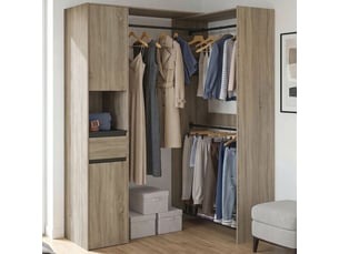 Dressing d'angle modulable l. 145 - 203 cm melman triple penderie + portes + tiroir + étagères bois et noir