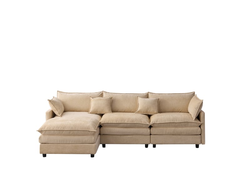  Canapé d'angle modulable 3 places en tissu beige avec pouf mobile, confort moelleux pour le salon  - Conforama A