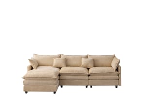 Canapé d'angle modulable 3 places en tissu beige avec pouf mobile, confort moelleux pour le salon