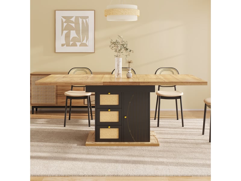 Table à manger extensible 110-140 x 80 x 76 cm, avec 3 tiroirs et placard fermé, façades aspect rotin, poignées dorées, noir - Conforama D
