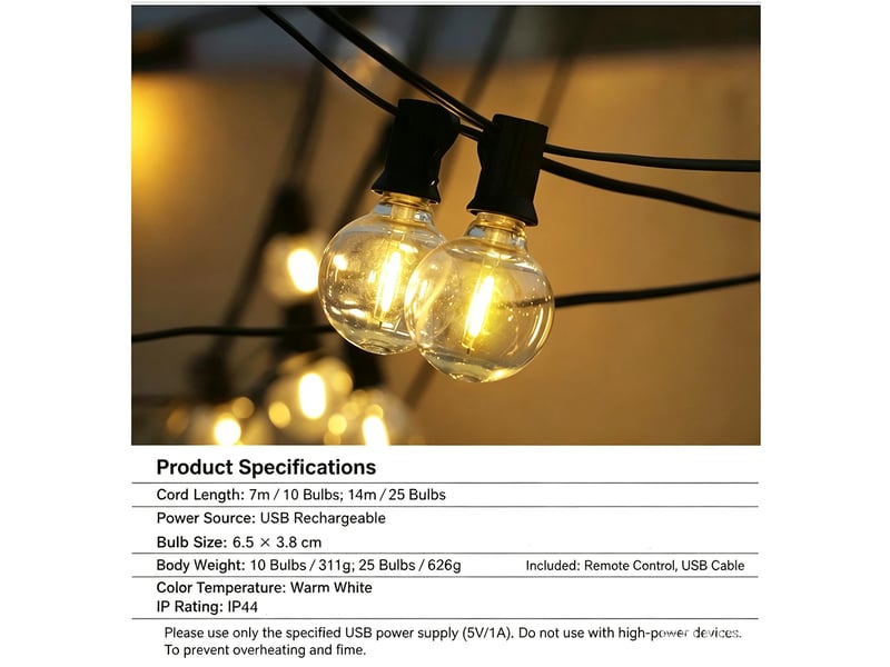  Guirlande lumineuse g40 à ampoules 14.5 m, 25 lampes blanc chaud, usb rechargeable 24 v, télécommande avec minuterie, guirlande étanche pour extérieur  - Conforama E