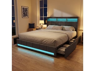 Lit double adulte 180x200 cm avec 4 tiroirs et led rgb, king size, tête de lit avec étagère et ports usb, lit capitonné en lin, girs