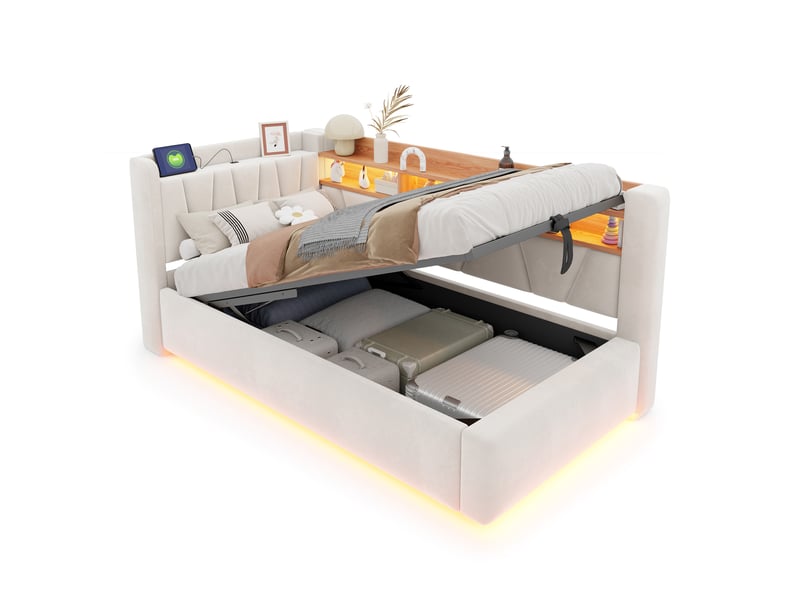 Lit banquette coffre 90 × 200 cm en velours beige, led et usb IKSETERA TRADING LTD - Conforama A