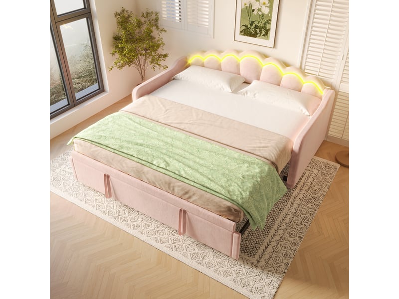  Canapé-lit 90x200 cm avec bande led multicolore, lit simple en velours avec lit gigogne, lit d'enfant, lit 1 personne, rose  - Conforama E