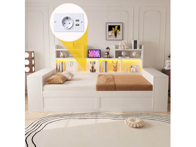  Lit banquette 90 x 200 cm avec rangement hydraulique, led et prises, blanc  - Conforama D