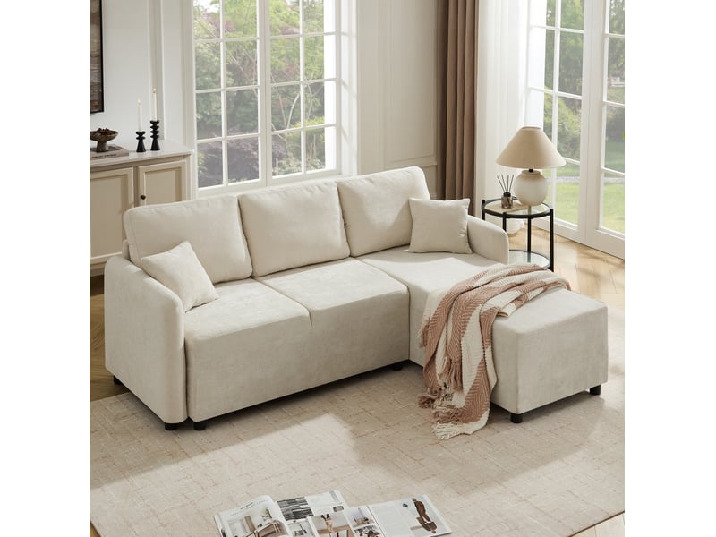 Canapé d'angle 3 places avec méridienne à droite, 2 coussins et assise en mousse, en chenille beige clair - Conforama B