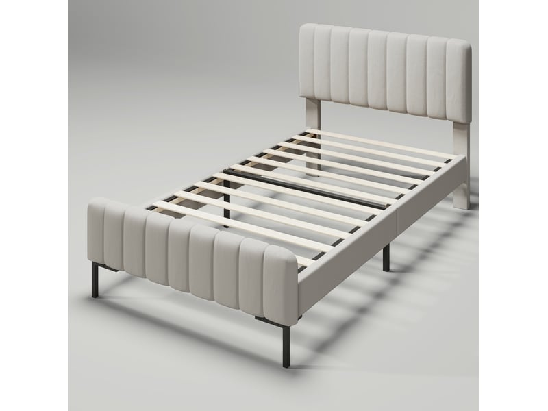  Lit simple 90x200 cm avec sommier à lattes et tête de lit réglable, lit adulte, cadre de lit, matériau lin  - Conforama W