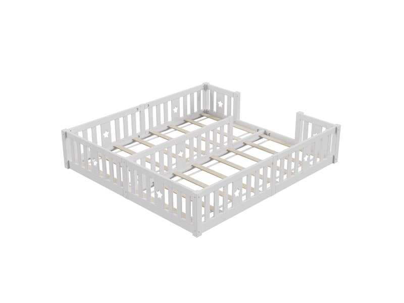  Lit simple 90x200 cm(x2), lit enfant, lit au sol montessori avec barrières et sommier, motif étoile, bois, blanc  - Conforama D
