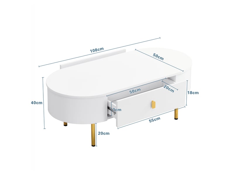  Table basse de salon 108x50x40cm, table ovale, 2 tiroirs, poignées et pieds dorés, style simple, mdf, blanc  - Conforama D