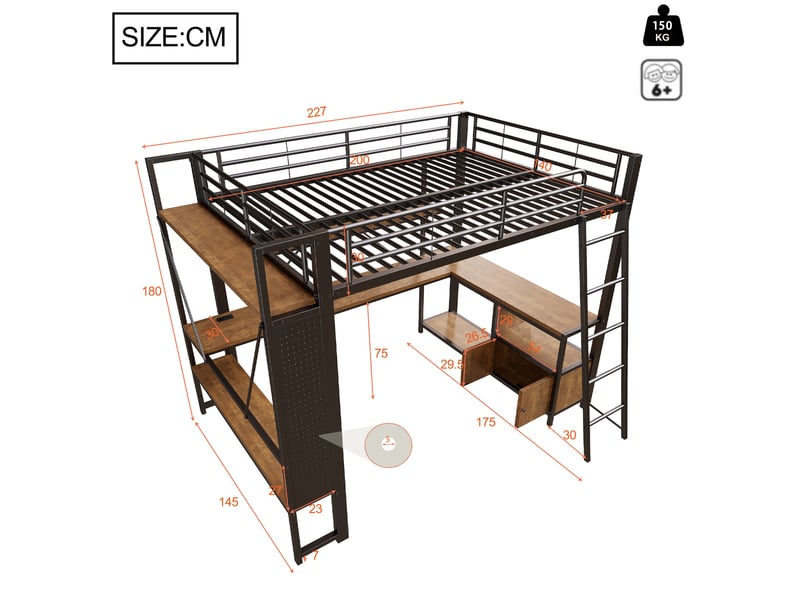  Lit mezzanine 140 x 200 cm, structure métal, led, bureau, étagères, panneau perforé, usb, sans matelas, noir  - Conforama B