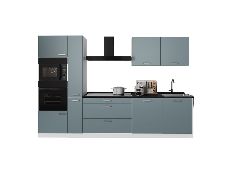  Vicco cuisine, bleu-grisblanc, 310cm plan de travail chêne doré  - Conforama E