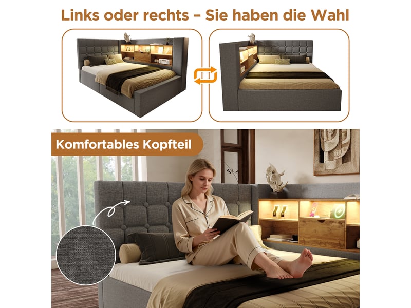  Lit double 140x200 cm avec coffre hydraulique - tête de lit l avec rangement led et usb - lin gris  - Conforama R