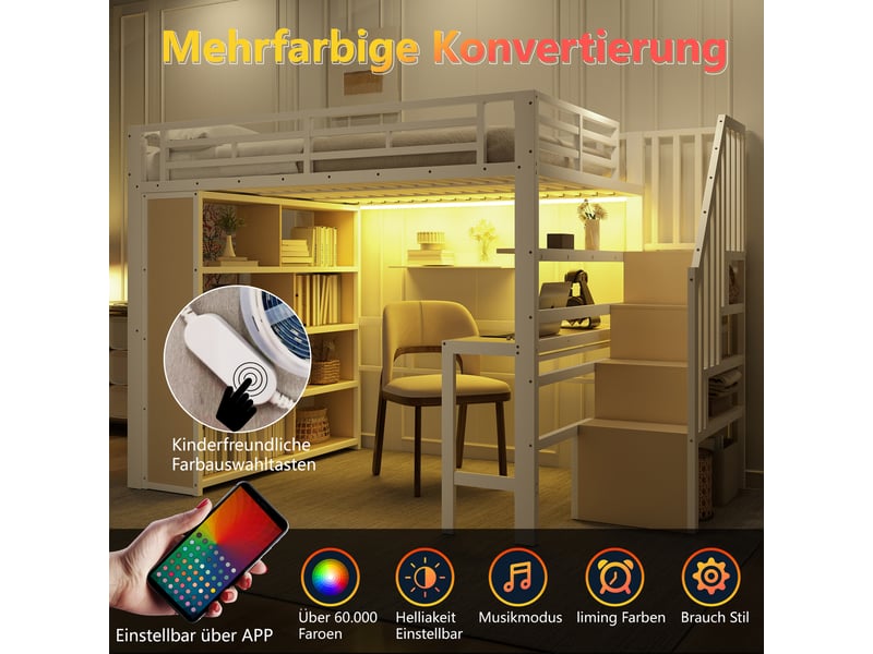  Lit mezzanine métal blanc 140x200 cm avec bureau led rangement escalier  - Conforama B