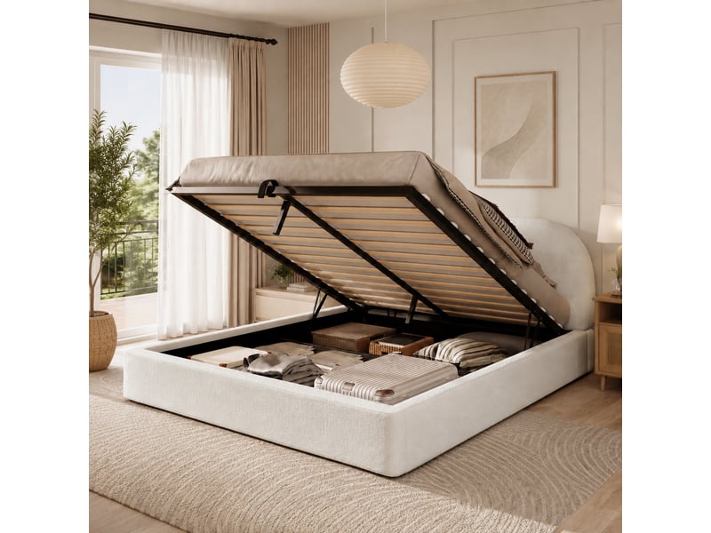  Lit double 180x200 cm avec coffre hydraulique, espace de rangement et tête de lit capitonnée, bouclé beige  - Conforama B