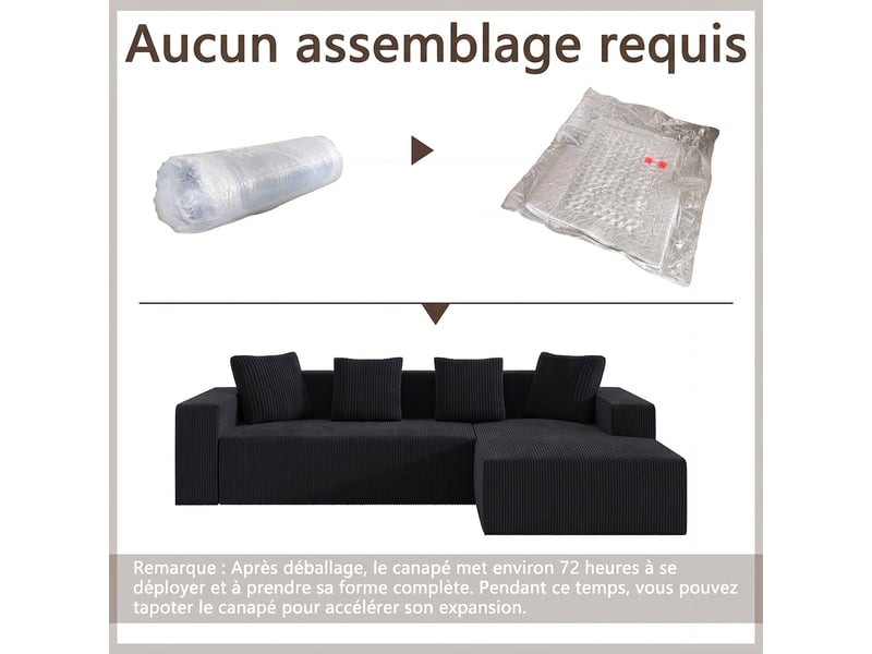  Canapé modulable noir 3 places velours côtelé - assise profonde 70cm - canapé d'angle avec méridienne  - Conforama D