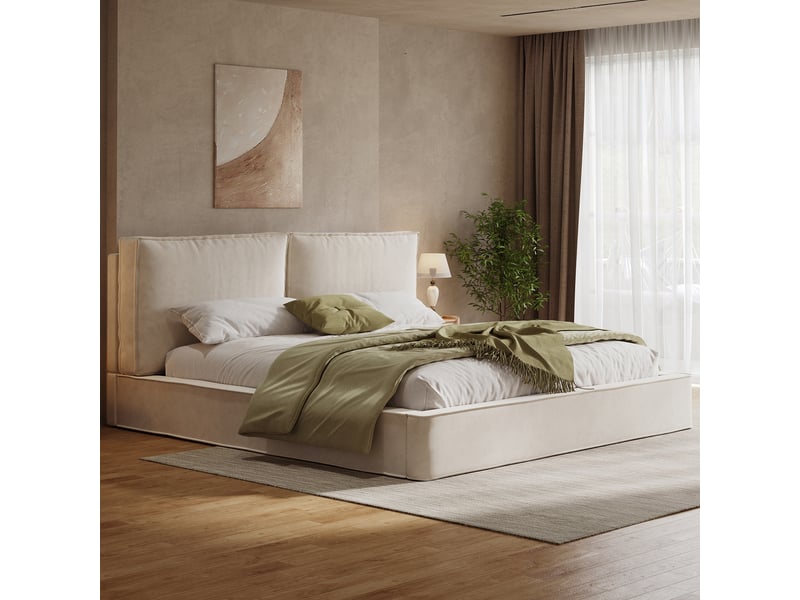  Lit double 180x200 cm, lit rembourré, sommier à lattes, tête de lit rembourrée, tissu chenille beige  - Conforama E