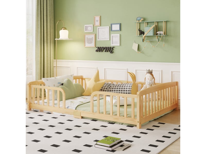  Lit bas enfant 2 places 140×200 cm avec barrière et accès central, sans matelas - okmyhome- en pin naturel  - Conforama B
