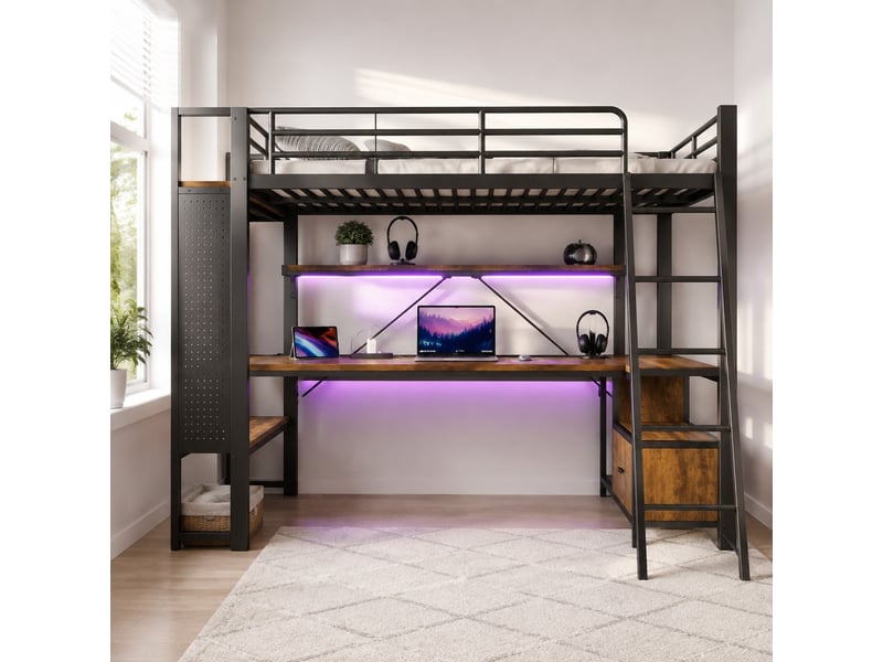  Lit mezzanine lit simple avec bureau, rangements, étagères, led et usb, 90x200 cm, sans matelas, noir  - Conforama B