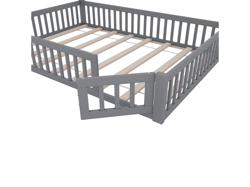  Lit cabane enfant 140x200 - pin massif gris - lit enfant - design maison avec cheminée, barrière sécurité et sommier  - Conforama D