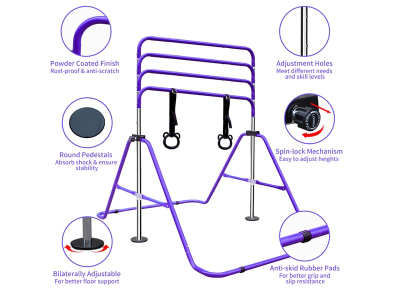  Barre de gymnastique enfant 99,06 x 144,78 x 129,54 cm violette en fer, hauteur réglable avec anneaux  - Conforama A