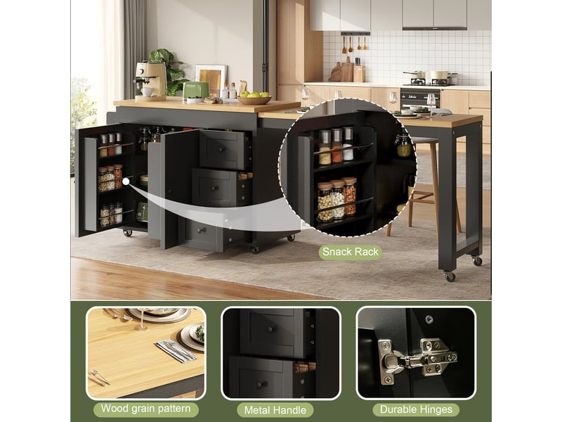  Desserte de cuisine avec 3 tiroirs, placard, étagères latérales et plateau extensible sur roulettes, 116×45×89 cm, noir  - Conforama E