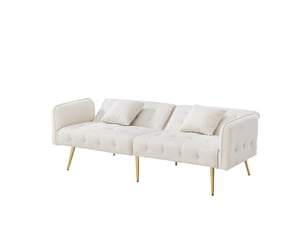 Canapé convertible 2 places velours blanc ancien, dos réglable 3 positions, structure bois et métal doré, design contemporain salon