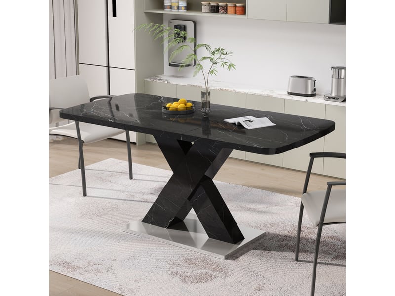 Table à manger extensible 120-160 x 80 cm, plateau mdf effet marbre noir, piètement en x avec base métal, table rectangulaire moderne - Conforama B