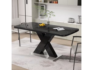 Table à manger extensible 120-160 x 80 cm, plateau mdf effet marbre noir, piètement en x avec base métal, table rectangulaire moderne