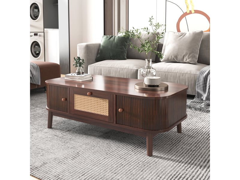  Table basse 110x55x38,5 cm, grand rangement, détails rotin, porte coulissante, design moderne pour salon et séjour - naturel  - Conforama D