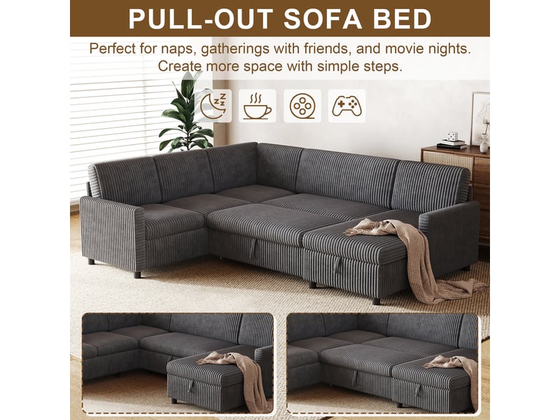 Canapé d'angle convertible en u, grand canapé en velours côtelé gris, lit d'appoint avec méridienne et coffre pour salon, 274x220 cm  - Conforama E