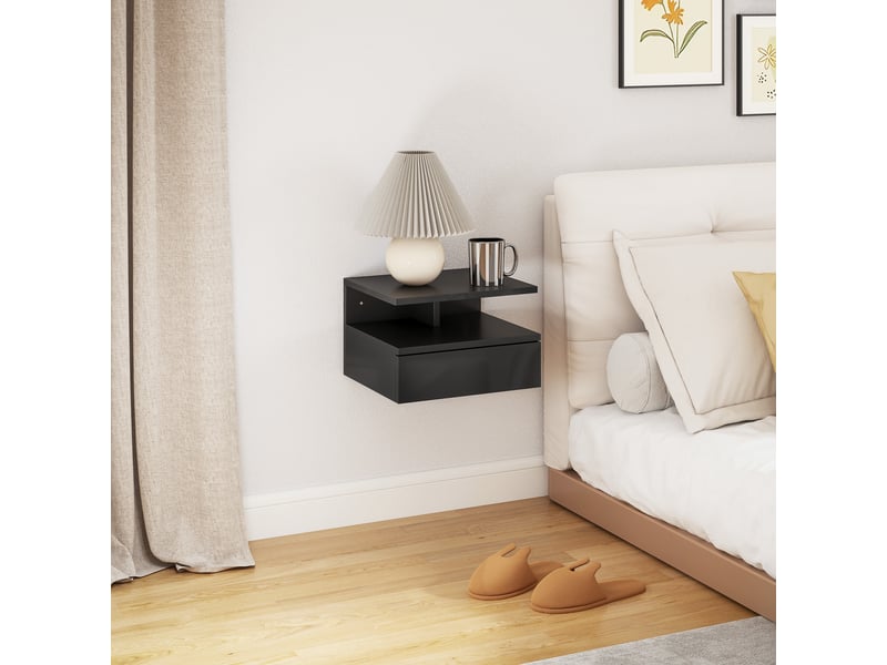  Table de chevet suspendue avec tiroir et étagère ouverte en bois, 35 x 32 x 22,5 cm, noir brillant  - Conforama D
