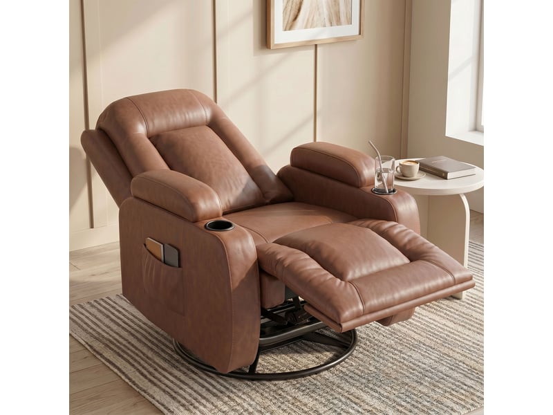  Fauteuil de massage chauffant inclinable repose-pieds ajustable télécommande marron clair  - Conforama D