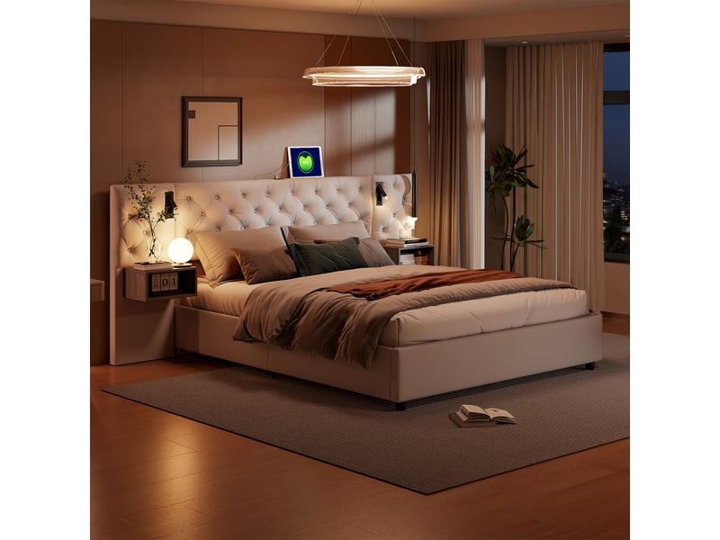  Lit rembourré 160 x 200 cm,lit enfant avec tête de lit de rangement, ports usb et type c,lit hydraulique avec éclairage led,velours, sans matelas  - Conforama R