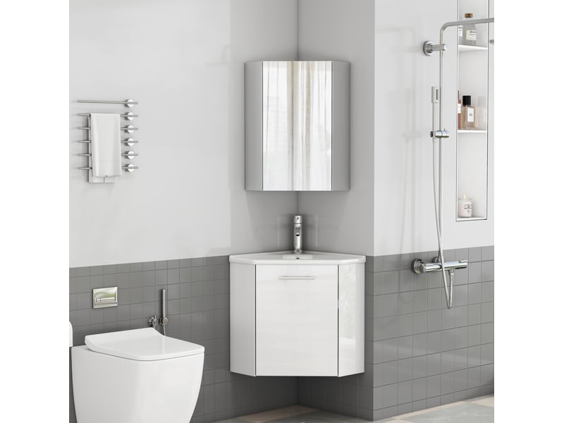 Meuble sous vasque d’angle avec lavabo et meuble miroir, charnières amorties pour salle de bain blanc brillant - Conforama B