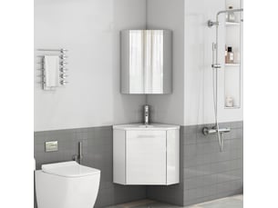 Meuble sous vasque d’angle avec lavabo et meuble miroir, charnières amorties pour salle de bain blanc brillant