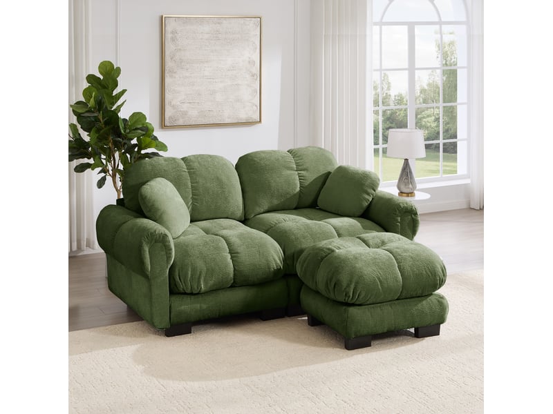  Canapé d’angle modulaire 2 places modenvie en tissu chenille vert avec ottomane mobile, assise matelassée, 190 x 149 x 90 cm  - Conforama B