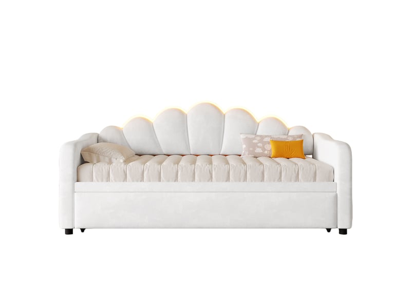 Lit banquette gigogne 90x200cm avec led, lit enfant, pour chambre, design sobre, mdf, tissu velours, blanc, sans matelas  - Conforama A