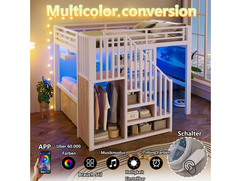  Lit jeune - avec rangement - avec éclairage led - matelas non inclus - gain de place - couchage 140x200 cm 204x191x170cm - Conforama E