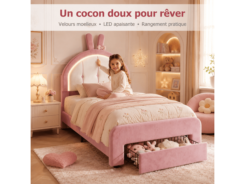  Lit enfant fille 90x200 avec tiroir - led rgb réglable - tête de lit avec oreilles de lapin - sommier - lit une place - velours rose  - Conforama R