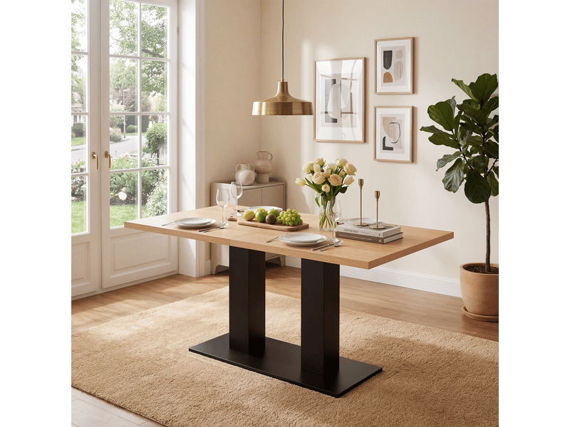  Table à manger extensible 140180x70 cm, 4-8 personnes, plateau mdf 30 mm, double piètement central, table rectangulaire - naturel  - Conforama C