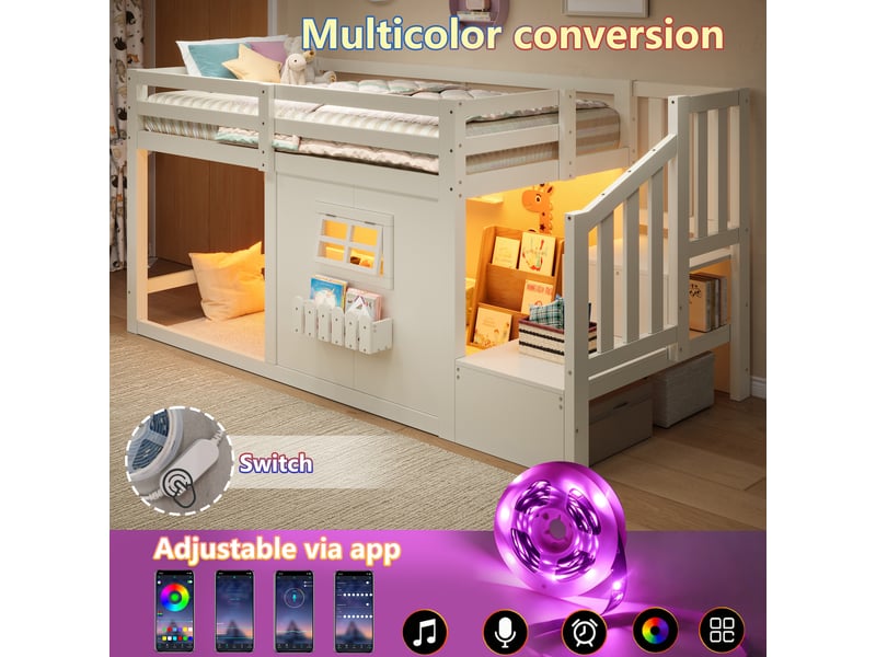  Lit mezzanine 90 x 200 cm en bois de pin et mdf, avec fenêtre, escalier de rangement, éclairage led, blanc, sans matelas  - Conforama C