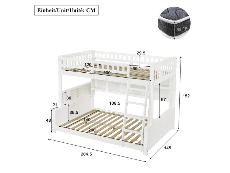  Lit superposé familial 120x200140x200cm séparable en 2 lits, avec échelle, double étagère et panneau perforé, bois massif et mdf, blanc evarich - Conforama C