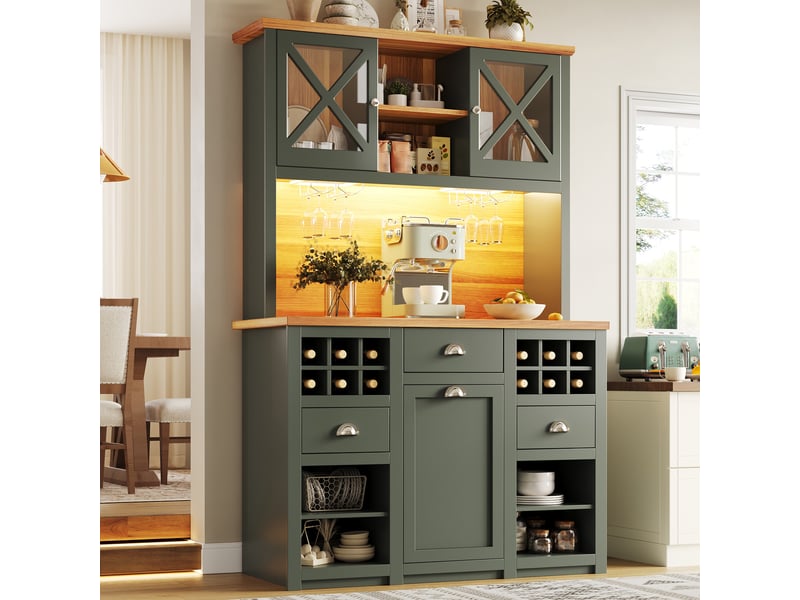  Armoire de cuisine haute 120cm buffet de cuisine vert avec portes en verre et éclairage led  - Conforama B