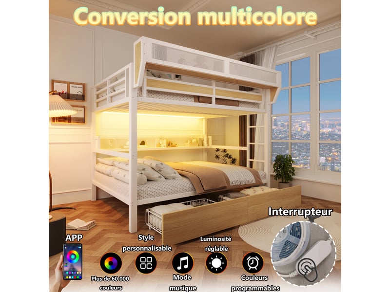  Lit superposé 140x200 cm avec led, 2 tiroirs, étagère et panier de rangement, structure métal, blanc  - Conforama E