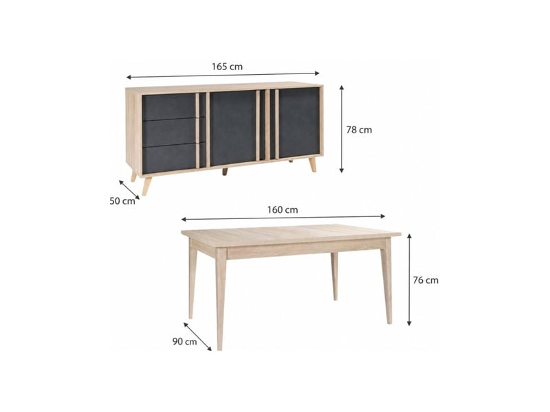  Salle à manger complète malmo avec table 6 places 160 cm et buffet 165 cm – chêne clair et gris  - Conforama C