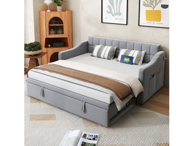  Modenvie banquette-lit gigogne 90x190 cm - velours, ports usb et lit extensible - pour petit espace - gris  - Conforama B
