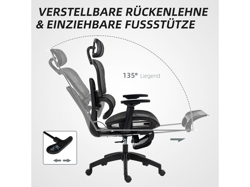  Chaise de bureau ergonomique,avec repose-pieds inclinable 135°,polyester,noir  - Conforama E