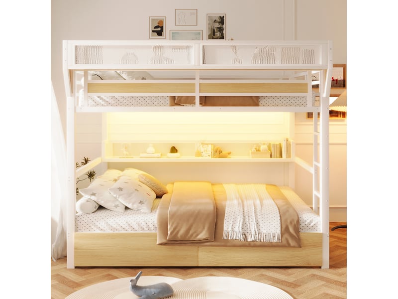  Lit superposé enfant 140x200 cm – blanc – led multicolore, rangement et 2 tiroirs intégrés – sans matelas  - Conforama B